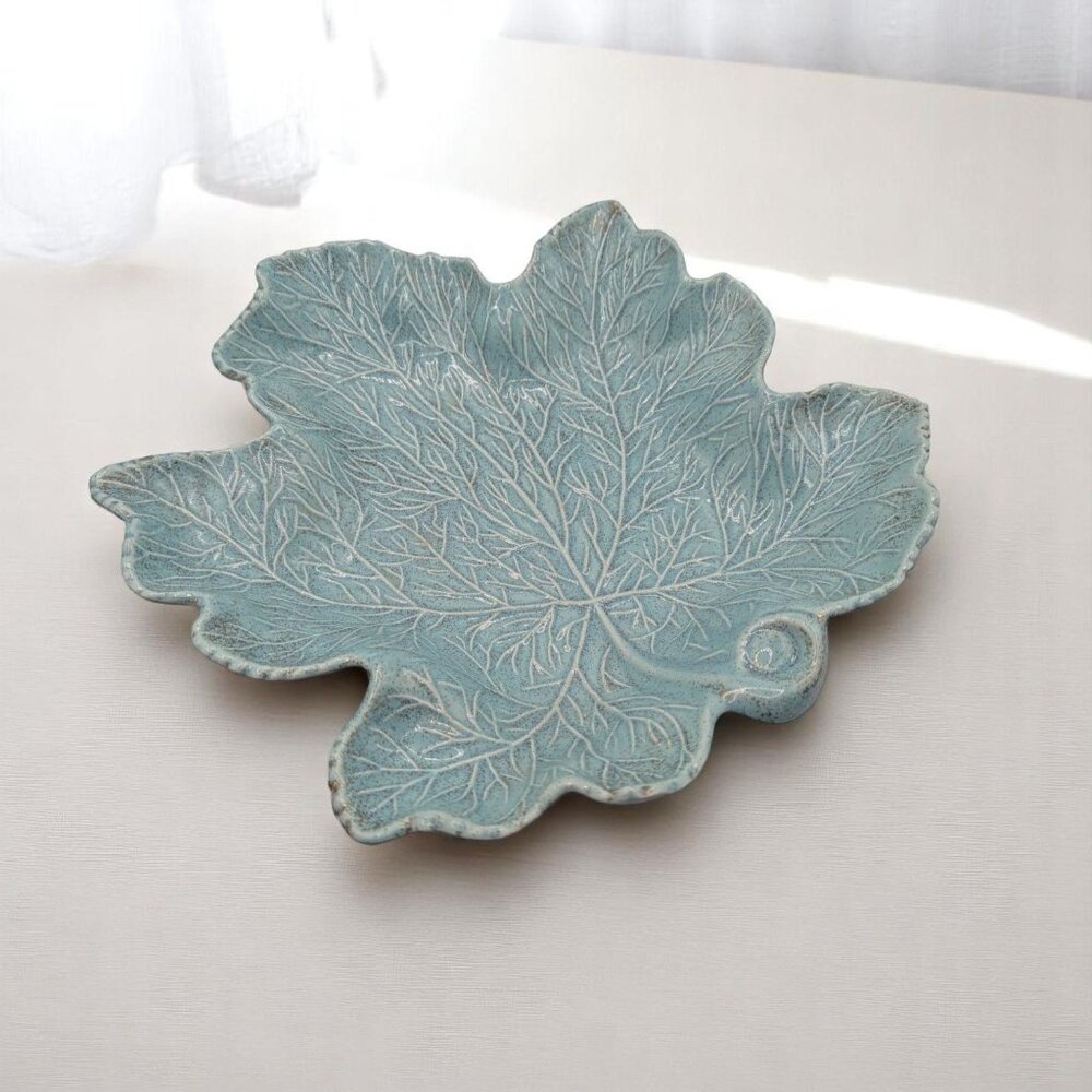 Vintage California Pottery Maple Leaf Platter in Turquoise 13"
